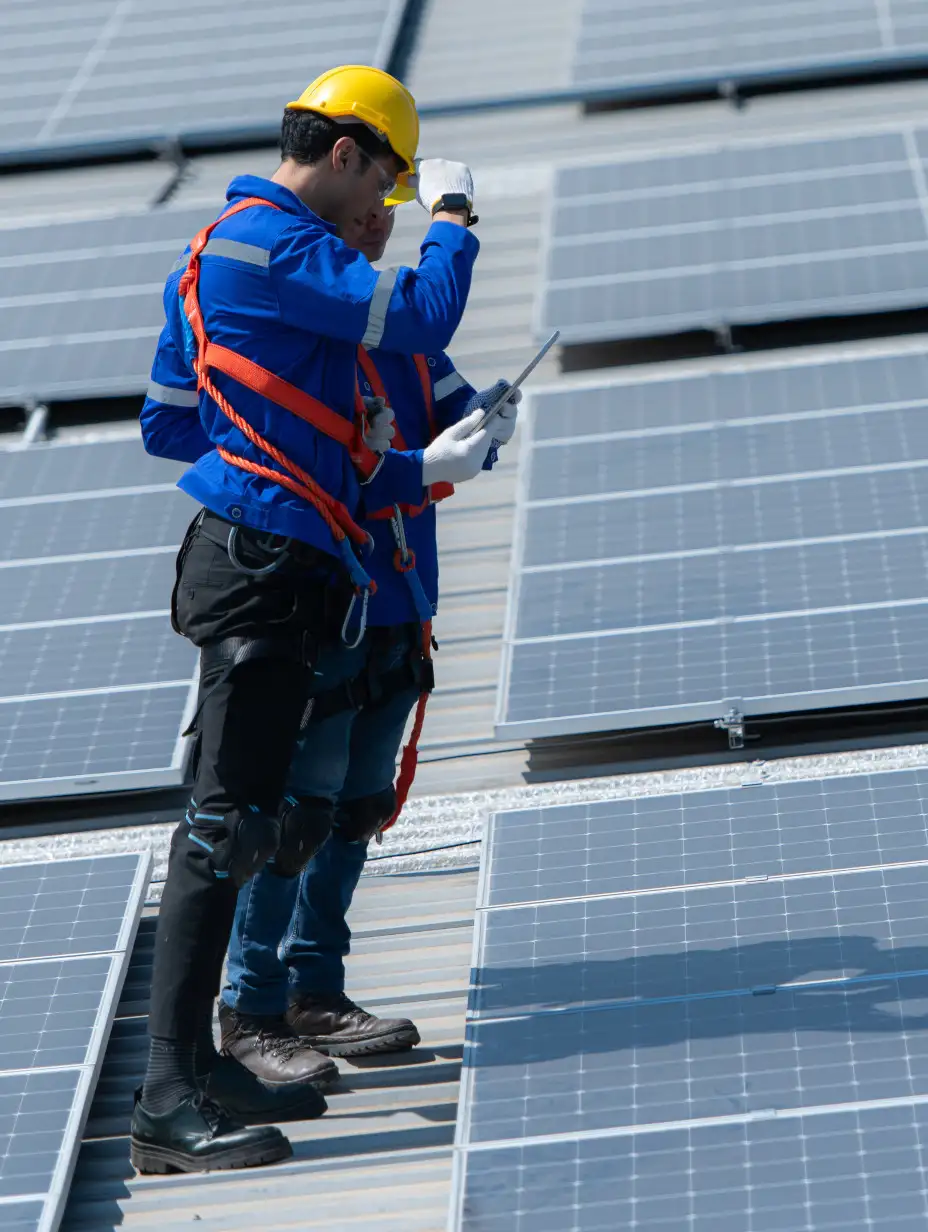 Facharbeiter beim Überprüfen einer Fotovoltaik-Anlage am Dach